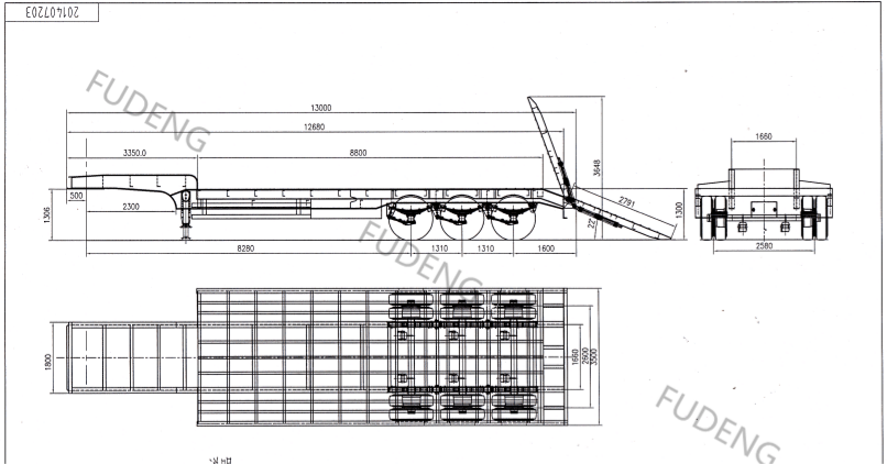The drawing of the low bed semi trailer